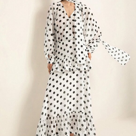 Elegant Women's Polka Dot Bowknot Flare Sleeve Ruffle top & Maxi skirt set - Picture 5 of 7